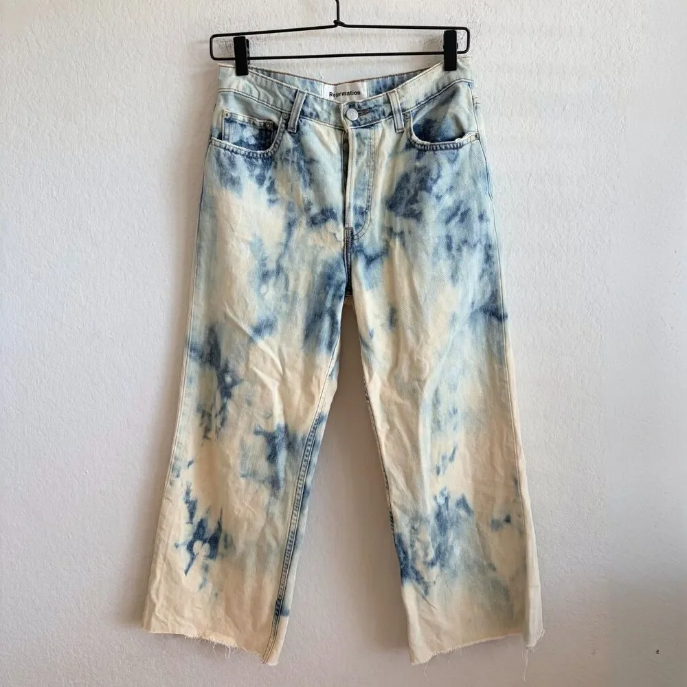 REFORMATION Tie-Dye Blue Cream Petite Wide Crop Raw Hem Denim Jeans Womens 27